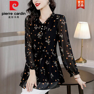 皮爾卡丹（pierre cardin）中長(cháng)款收腰長(cháng)袖雪紡襯衫女春秋裝2025新款遮肚子藏肉顯瘦裙擺上衣 黑色花 2XL 推薦130-140斤