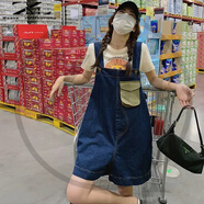 織迷（weave infatuations）2022新款港味復古牛仔背帶短褲女學(xué)生夏季韓版寬松減齡闊腿褲 牛仔藍 L 建議105-115斤