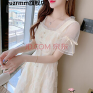 vuzrmm輕奢品牌女裝法式網(wǎng)紗蕾絲連衣裙女夏季2022年新款收腰年輕款仙女修身顯瘦氣質(zhì)中長(zhǎng)款裙子 杏色A款 XL建議（113-125斤