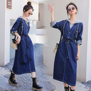 康創(chuàng  )暉牛仔連體裙女秋拼接假兩件2023秋新款連帽休閑寬松減齡工裝連衣裙 深藍 S 【80-100斤】