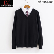 DAVEY MODE棉質(zhì)針織V領(lǐng)毛衣日系JK制服校園風(fēng)男女裝學(xué)生制服班團服 黑色 V領(lǐng)毛衣(單件) XL 建議110斤左右