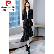皮爾卡丹高檔品牌女裝毛呢西裝魚尾裙套裝女2022秋冬新款輕熟氣質(zhì)顯瘦洋氣包臀裙兩件套套裝 黑格 L