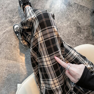 魅次方格子闊腿褲女春秋季韓版高腰垂感直筒褲寬松復古顯瘦休閑拖地褲子 黑色格子褲 XL