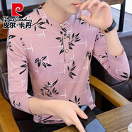 皮爾卡丹秋季純棉長袖t恤男士立領(lǐng)修身上衣打底衫潮印花衛(wèi)衣體恤汗衫男裝 WE9837粉色 3XL 150-160斤