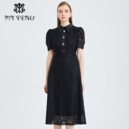 MY TENO春夏新款亮蔥蕾絲連衣裙娃娃領(lǐng)燈籠袖高腰長(cháng)款A字裙 黑色 M
