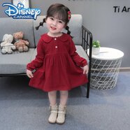 迪士尼（Disney）女童長(zhǎng)袖連衣裙娃娃領(lǐng)5春裝3小童韓版洋氣1-2歲公主裙寶寶純棉裙 酒紅色 120cm