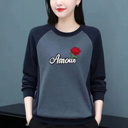 巖霓100%純棉長袖t恤女中年圓領拼接印花2025春秋新款上衣寬松打底衫 灰色玫瑰 XL 【建議115-130斤】