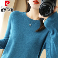 皮爾卡丹（pierre cardin）春秋款顯瘦低領(lǐng)針織衫女寬松休閑打底毛衣圓領(lǐng)薄款純色羊毛衫上衣 湖藍色 L