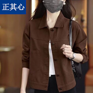 正其心春秋復古磨毛套女新款2025小個子百搭短款夾克寬松洋氣上衣 咖啡色 XL 115-125斤
