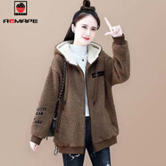 AEMAPE紅色外套女2025新款秋冬羊羔絨外套季加絨衛衣女寬松百搭時(shí)尚上衣 咖啡色  4XL _161-180斤