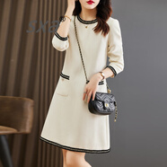 SXA香港潮牌長(cháng)袖小香名媛風(fēng)連衣裙女2024秋冬新款氣質(zhì)釘珠打底A字裙 米白色 L