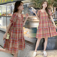 韻暖香孕婦裝連衣裙套裝夏款顯瘦牛仔裙夏天薄款短袖中長(zhǎng)款2025夏裝寬松 紅格子 M