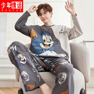 少年情話睡衣男士純棉長袖春秋青少年學(xué)生套裝薄款加肥大碼休閑家居服套裝 Z3148湯姆貓 3XL (185) (建議185-200斤)