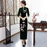 贏鎮(zhèn)繡花金絲絨旗袍宴會(huì)禮服2024春秋改良旗袍連衣裙中長(zhǎng)款中年七分袖 綠色百合滴水領(lǐng) L 建議體重95-105斤左右