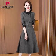 皮爾卡丹（pierre cardin）氣質女士連衣裙長袖毛呢連衣裙女春秋款洋氣高貴夫人媽I媽 灰色- M 適合80-105斤