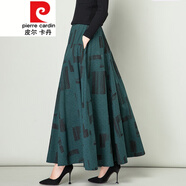 皮爾卡丹女裝2022春秋棉麻半身長裙女高腰大擺半身裙復(fù)古純 墨綠黑格 S