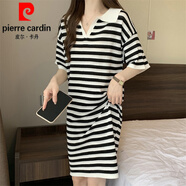 皮爾卡丹（pierre cardin）大l碼復(fù)古條紋連衣裙女夏季微l胖休閑裙子胖遮肚子顯瘦t恤裙針織 白條紋 L碼(建議100~120斤)