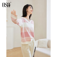 歐莎（OSA）【香草云衫】草甸綠條紋V領(lǐng)針織衫毛衣女長袖上衣2025秋季新款 粉色 XL