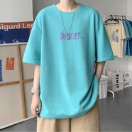 畫枕眠（HUAZHENMIAN）潮牌短袖T恤男2025夏季新款港風寬松舒適簡約百搭半袖體恤上衣 湖綠色 XL