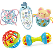 馬菲特嬰幼兒抓握手抓搖鈴軟膠球鈴鐺響鈴牙膠球可咬玩具嬰兒寶寶撥浪鼓 球+棒+牙膠球+小豬+手機（藍）艷