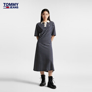 TOMMY JEANS夏季女裝純棉小繡標撞色條紋氣質(zhì)休閑A字寬松POLO長(cháng)裙連衣裙 藍白條紋C87（批次一） XS （推薦：80-95斤）