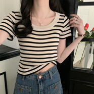 妙奕嘉條紋t恤女士短袖正肩半袖女裝新款2025年夏季通勤風(fēng)女式寬松上衣 杏黑條紋短袖 均碼 【建議120斤內】