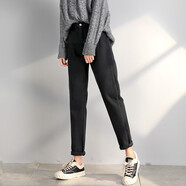 箐冉兒 加絨牛仔褲女秋冬裝2020新款高腰舒適牛仔褲直筒老爹蘿卜褲潮 黑色 31