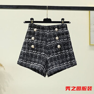 范哲莎秋冬新款毛呢靴褲高腰小香風(fēng)格子闊腿短褲顯瘦學(xué)生呢子a字休閑褲 6粒紐毛呢褲  大格黑 S 160
