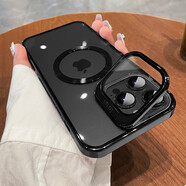 尹尚一體護鏡支架適用蘋果14promax手機殼iPhone15新款磁吸透明電鍍12高級感鏡頭全包防塵透明手機殼 【黑色】車載磁吸+翻蓋鏡頭 iPhone 15promax