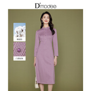 黛瑪詩(shī)顯瘦花裙子新款長(cháng)袖立領(lǐng)連衣裙女復古格紋毛呢裙子 粉色 XL