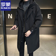 羅蒙（ROMON）中長款羽絨服男冬季加厚連帽防寒服24新款假兩件韓版風衣保暖外套 黑色 M 建議100-135斤