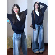魯雅爾假兩件學院風毛衣女秋冬季新款上衣服韓版設計感寬松針織打底衫潮 藏青色常規(guī) 均碼 【建議80斤到150斤】