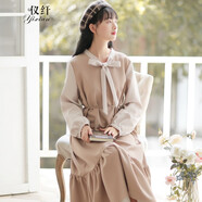 儀纖長袖高腰連衣裙2023春季新款甜美顯瘦中長款拼接桔梗連衣裙9551 卡其色 M