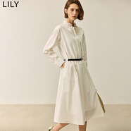 LILY秋新款女裝優(yōu)雅氣質(zhì)花邊V領(lǐng)收腰長(cháng)袖白色連衣裙女小白裙 601白色 L