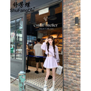 舒芳蝶（shufangdie）連衣裙女裝2024秋季新款韓版長袖休閑系帶衛(wèi)衣百褶半身短裙套裝裙 紫色套裝 XL
