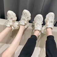 歐邁捷（OUMAIJIE）情侶鞋子時(shí)尚超火休閑老爹鞋一男一女增高韓版潮流跑步鞋 米白色 男女款12 44 運(yùn)動(dòng)碼