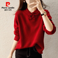 燕潯復(fù)古中國結(jié)盤扣紅色毛衣女秋冬新款小立領(lǐng)寬松過年外穿本命年上衣 紅色 L 適合105-135斤