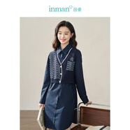 茵曼（INMAN）拼接條紋連衣裙秋季女裝新品寬松長(cháng)袖裙子 藏青色 S