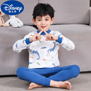迪士尼品牌男童秋衣秋褲純棉兒童內(nèi)衣套裝春秋長(zhǎng)袖棉毛衫家居服男孩睡衣 中領(lǐng)藍(lán)色恐龍 130(適合120-130cm，6-7歲)