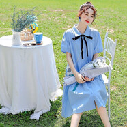 婧麒孕婦裝夏裝連衣裙春夏季薄款韓版簡(jiǎn)約孕媽中長(cháng)裙子時(shí)尚洋氣大碼 藍色-系帶襯衫領(lǐng)可哺乳jly60895 M