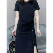 【特價(jià)撿漏】高檔輕奢品牌微0胖女孩夏季大尺碼時(shí)尚顯瘦短袖T恤裙子不規(guī)則開叉遮肉減齡連衣裙 黑色不加圖案 3XL145-160斤