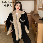 瑞秋兒仿羊羔毛外套女冬季新款女裝復(fù)古寬松拼接毛毛牛仔棉衣保暖棉服 黑色 S