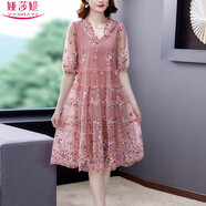 婭莎媞大碼女裝重工刺繡連衣裙夏季新款氣質(zhì)寬松顯瘦胖人媽媽裝網(wǎng)紗裙子 粉紅色（老款庫存不足） 2XL (建議體重136-148斤)