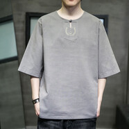 管先生中國風(fēng)男裝寬松大碼亞麻七分袖T恤復古夏季輕薄款棉麻刺繡t恤茶服 ST012灰色 M