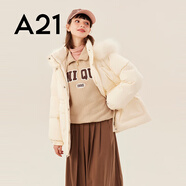 A21女裝氣質(zhì)減齡毛領(lǐng)小廓形寬松羽絨服日系保暖加絨外套潮 米杏 S