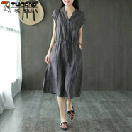 啄木鳥(niǎo)（TUCANO）出口法國夏季新款棉麻系帶豎條紋連衣裙女復古文藝無(wú)袖中長(cháng)裙 深灰色 M