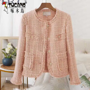 啄木鳥(niǎo)法式小香風(fēng)名媛毛呢外套女2025春季新款短款粗花呢韓版上衣潮 粉紅色 L 110-125斤