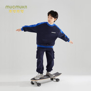 Mucmukn男童圓領(lǐng)印花衛(wèi)衣2023秋冬新款中大童插肩袖撞色上衣加絨套頭長袖 衛(wèi)衣M34ZH1926藏青色 110 cm