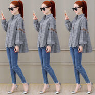 蘭威費雷新款春季女裝韓版寬松格子襯衫燈籠袖上衣學(xué)生長(cháng)袖襯衣潮 灰色 L 建議106斤-115斤