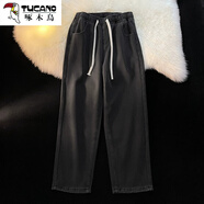 啄木鳥(niǎo)（TUCANO）加絨加厚牛仔褲女秋冬季新款松緊腰抽繩寬松復(fù)古保暖直筒闊腿褲子 黑色 常規(guī) XL 120-135斤